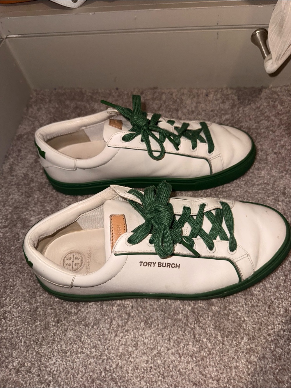Tory Burch White Leather Sneakers with Green Accents